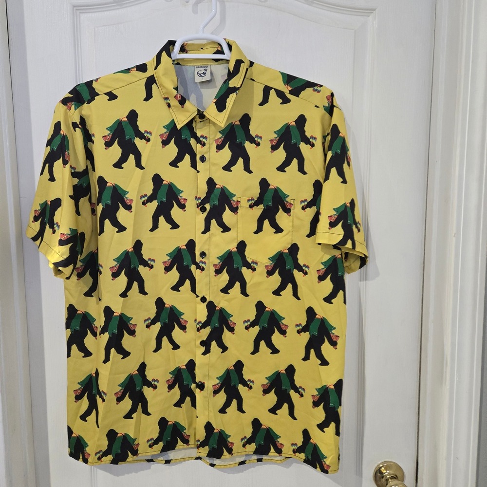 Hardaddy Button up Shirt Mens Large Yellow ape Bigfoot‎ Maracas Novelty festival